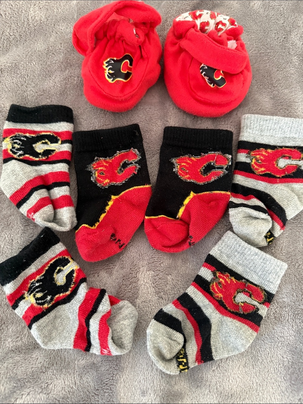NHL Calgary Flames Baby Infant Walker Slipper Booties and 3 pairs socks bundle